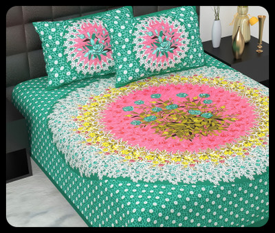 JAIPUR PRINTS Cotton Double Flat 220 TC Jaipuri Prints Bedsheet(Pack of 1, Green)