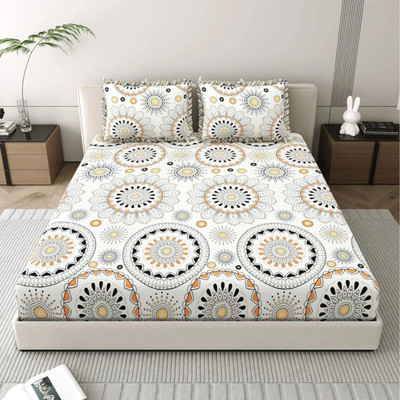 Dream Weaverz Polycotton King Fitted (Elastic) 260 TC Abstract Bedsheet(Pack of 1, Off white)