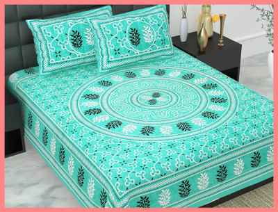 JAIPUR PRINTS Cotton Double Flat 144 TC Jaipuri Prints Bedsheet(Pack of 1, Sky)