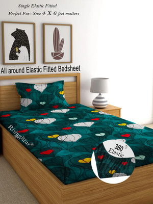 RisingStar Cotton Single Fitted (Elastic) 250 TC Printed Bedsheet(Pack of 1, FITTED_ Green Heart)