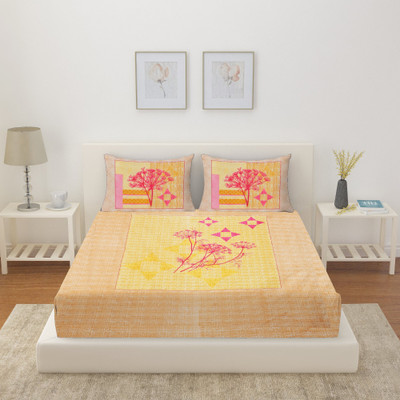 Flipkart Perfect Homes Cotton Double Fitted (Elastic) 144 TC Printed Bedsheet(Pack of 1, Pink, Yellow)