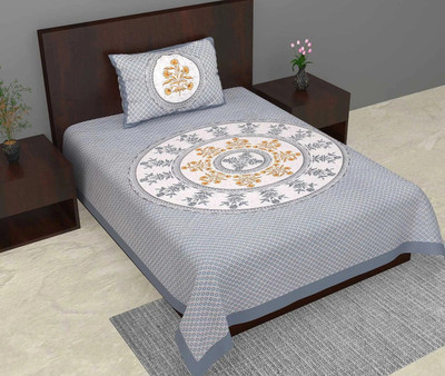 Salgia 140 TC Cotton Single Jaipuri Prints Flat Bedsheet(Pack of 1, Grey)