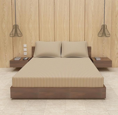 Home Sizzler 210 TC Microfiber Double Striped Fitted (Elastic) Bedsheet(Pack of 1, Beige)