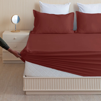 HOMEMONDE 210 TC Cotton Queen Solid Fitted (Elastic) Bedsheet(Pack of 1, Maroon)