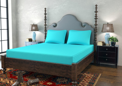 BEVI Microfiber King Flat 204 TC Striped Bedsheet(Pack of 1, Blue)