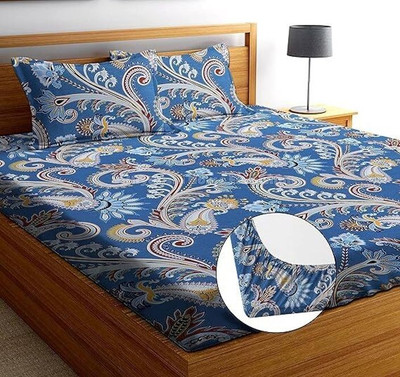 SHOPHOX Cotton King Fitted (Elastic) 300 TC Printed Bedsheet(Pack of 1, Blue, Yellow)