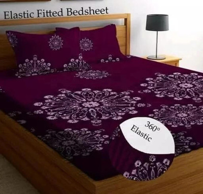 Home Garage 210 TC Microfiber Double Self Design Fitted (Elastic) Bedsheet(Pack of 1, WINE)