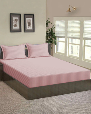Jaipurlinen Cotton Double Fitted (Elastic) 220 TC Striped Bedsheet(Pack of 1, Pink)