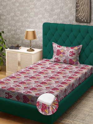 Klotthe 300 TC Polycotton Single Printed Fitted (Elastic) Bedsheet(Pack of 1, Red)