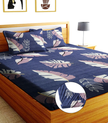Moonroof Cotton Double Fitted (Elastic) 244 TC Printed Bedsheet(Pack of 1, Purple, White)