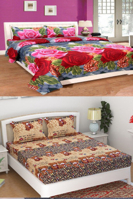 HSR Collection Cotton Double Flat 210 TC Printed Bedsheet(Pack of 2, Red)