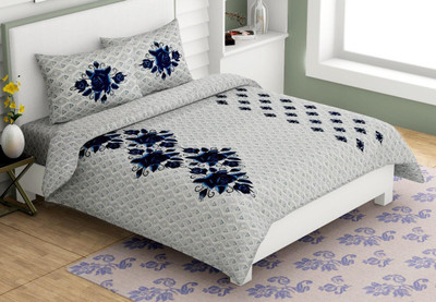 E ELMA 144 TC Cotton Double Jaipuri Prints Flat Bedsheet(Pack of 1, Grey)