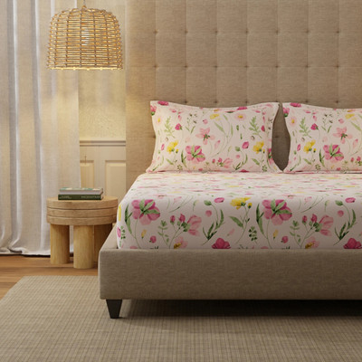 Urban Space Cotton King Fitted (Elastic) 200 TC Floral Bedsheet(Pack of 1, Meadows Rose Pink)