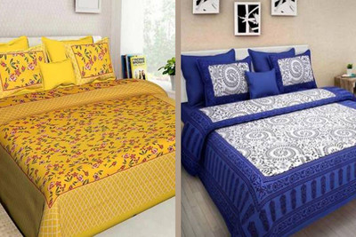 KANDY SHOP Cotton Queen Flat 240 TC Jaipuri Prints Bedsheet(Pack of 2, yellow-blue)