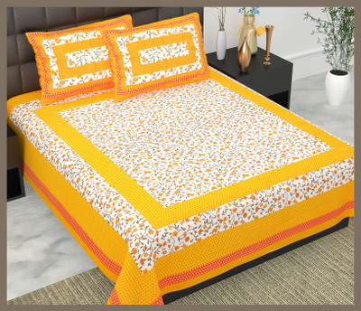 BedZone Cotton Double Flat 240 TC Jaipuri Prints Bedsheet(Pack of 1, Yellow)