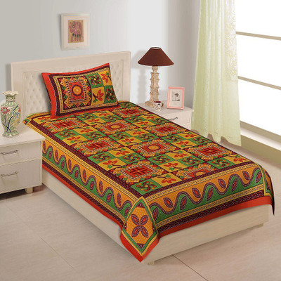 Monik Handicrafts 144 TC Cotton Single Jaipuri Prints Flat Bedsheet(Pack of 1, Orange)