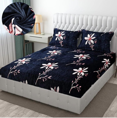 Adorn Woolen King Fitted (Elastic) 320 TC Floral Bedsheet(Pack of 1, Blue)