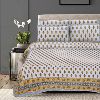 RAJDEVI JAIPUR PRINTS 361 TC Cotton King, Double 3D Printed Flat Bedsheet(Pack of 1, Yellow)