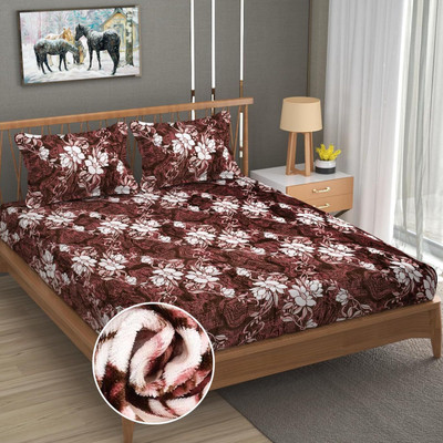 YaAkholic 400 TC Woolen, Fleece Double Printed Fitted (Elastic) Bedsheet(Pack of 1, Brown and Pink)