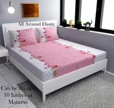 DEVNSHTEXTILE 300 TC Cotton Double Printed Fitted (Elastic) Bedsheet(Pack of 1, Pink)