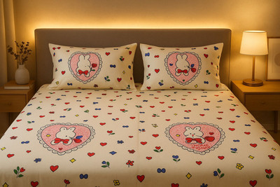 Boomm Enterprises Cotton Blend Double Flat 170 TC Cartoon Bedsheet(Pack of 1, White, Pink)