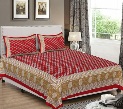 Jensid Cotton Double Flat 144 TC Jaipuri Prints Bedsheet(Pack of 1, Red, Brown)