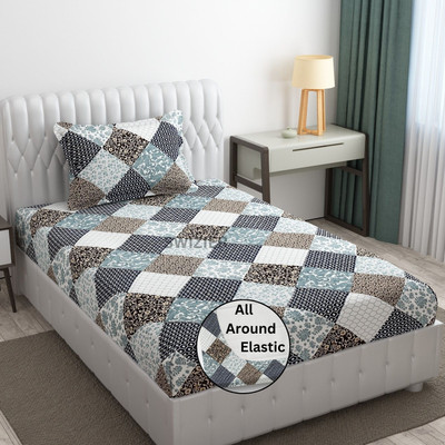 Swizier 250 TC Cotton Single Geometric Fitted (Elastic) Bedsheet(Pack of 1, Beautiful Single Fitted Bedsheet 72x36 In with 1 Pillow Cover 18x28 In Multi 46)