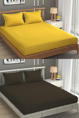 n g products 300 TC Satin Double Striped Fitted (Elastic) Bedsheet(Pack of 2, Yellow & Brown)