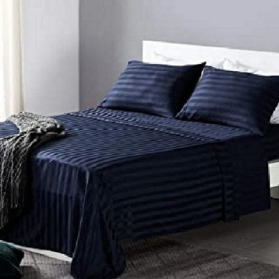 LX LOYREX 181 TC Polycotton Double Striped Flat Bedsheet(Pack of 1, Navy Blue)