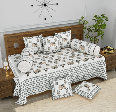 S Global Cotton Single Flat 250 TC Jaipuri Prints Bedsheet(Pack of 1, Multicolor: Grey)