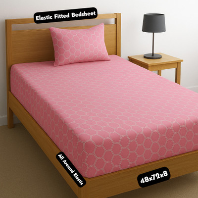 Amrange 190 TC Microfiber Single Geometric Fitted (Elastic) Bedsheet(Pack of 1, Pink)