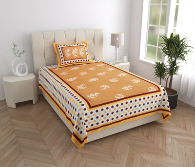 ABHACLOTHO Cotton Single Flat 144 TC Jaipuri Prints Bedsheet(Pack of 1, Yellow)
