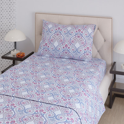 Layers Cotton Single Flat 144 TC Printed Bedsheet(Pack of 1, Blue)