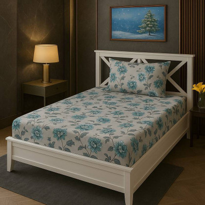 AUSIEE 160 TC Polycotton Single Printed Fitted (Elastic) Bedsheet(Pack of 1, Grey)