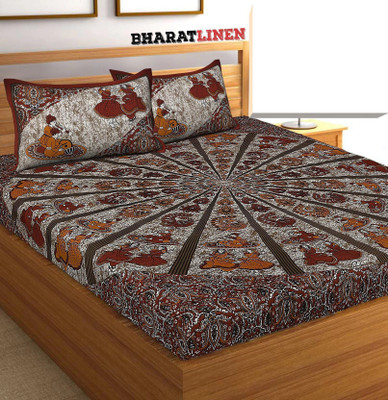 BharatLinen Cotton Queen Flat 144 TC Jaipuri Prints Bedsheet(Pack of 1, Maroon)
