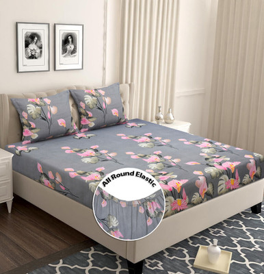 BSB HOME 180 TC Cotton Double Abstract Fitted (Elastic) Bedsheet(Pack of 1, Grey & Pink1)