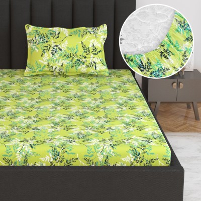 Divine Casa 144 TC Cotton Single Floral Fitted (Elastic) Bedsheet(Pack of 1, Greenery Lime)