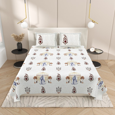 feya Cotton King Flat 180 TC Jaipuri Prints Bedsheet(Pack of 1, Yellow Beige)