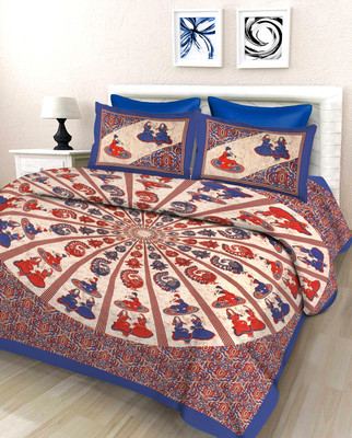 VISHNURAJ 144 TC Cotton King Jaipuri Prints Flat Bedsheet(Pack of 1, Blue)
