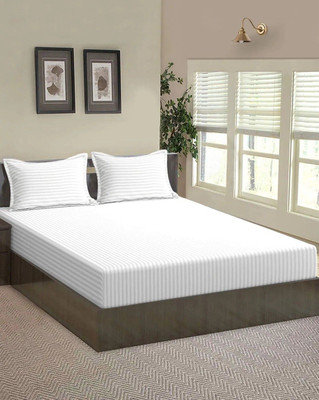 Jaipurlinen Cotton Queen Fitted (Elastic) 220 TC Striped Bedsheet(Pack of 1, White)