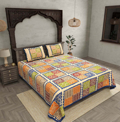 KUVAS Cotton King Flat 250 TC Jaipuri Prints Bedsheet(Pack of 1, Blue)