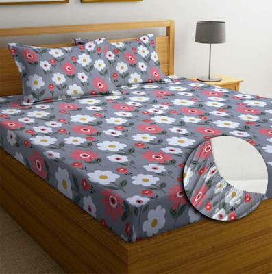 ANTRIN 190 TC Cotton Double 3D Printed Fitted (Elastic) Bedsheet(Pack of 1, Multicolor)