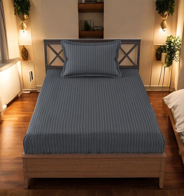 HOMYBEES 300 TC Cotton Single Striped Fitted (Elastic) Bedsheet(Pack of 1, Grey)