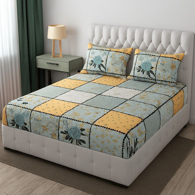 parth international Cotton Double, Queen Fitted (Elastic) 280 TC Floral Bedsheet(Pack of 1, Powder Green)