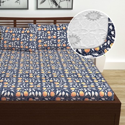 Divine Casa 144 TC Cotton Double Floral Fitted (Elastic) Bedsheet(Pack of 1, Blue Velvet)