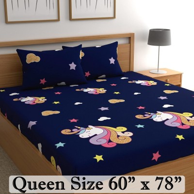 BEDORISM 300 TC Cotton Queen Printed Fitted (Elastic) Bedsheet(Pack of 1, Blue Unicron)