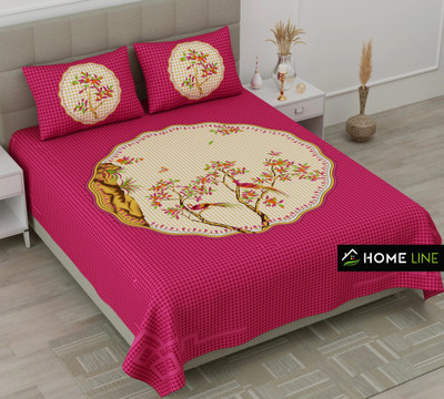 Homeline Cotton Double Flat 104 TC Printed Bedsheet(Pack of 1, Pink)