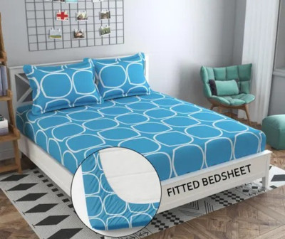 RisingStar 350 TC Cotton King Abstract Fitted (Elastic) Bedsheet(Pack of 1, Ocean Blue)