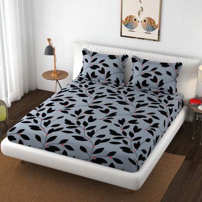 The Little Big Store Cotton King Fitted (Elastic) 210 TC Printed Bedsheet(Pack of 1, Grey Leaf)
