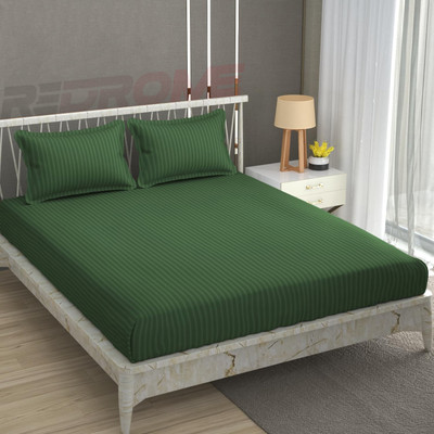 REDROME Cotton Double Flat 300 TC Striped Bedsheet(Pack of 1, Dark Green)